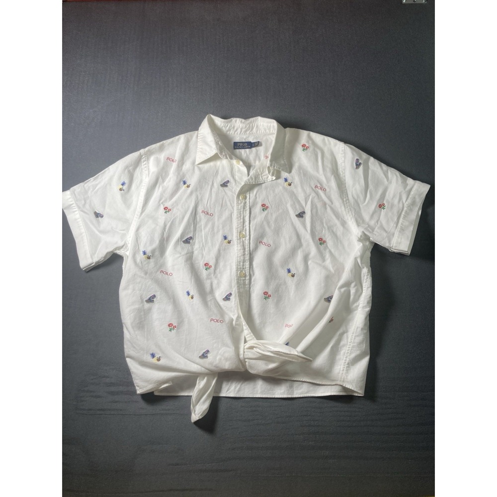 Polo Ralph Lauren Women's White Embroidered Tie Front Shirt Large